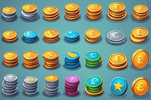 Foto moderne vektorillustration ikonen münzen für die spieleschnittstelle set von cartoon-münzen für web und apps