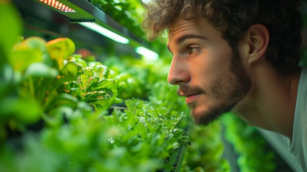 Moderne vertikale Farm Mann Bioingenieur untersucht Nutzpflanzen auf Tablet-Computer Hightech Gewächshaus wächst organische Nahrung oder Pflanzen VFX Infographic Edit