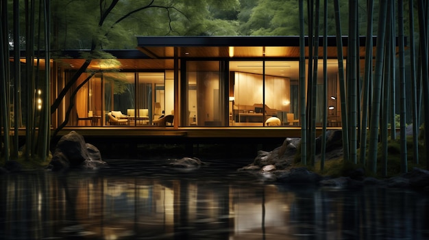 Moderne Villa im tiefen Bambuswald in der Nacht Die Villa verfügt über eine schlanke und zeitgenössische Architektur und die Abendumgebung bietet ein ruhiges Ambiente