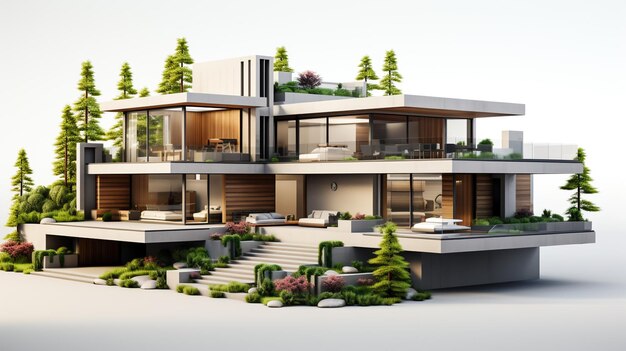 moderne Villa in grünem Land 3D-Render