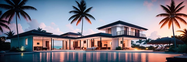 Moderne Villa in tropischer Landschaft bei breitem Bild des Sonnenuntergangs