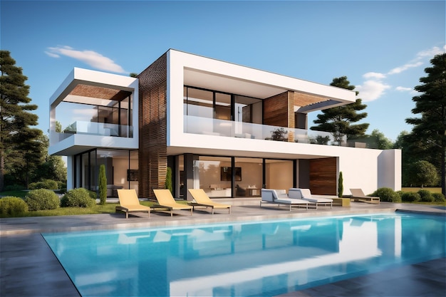 Moderne Villa mit Pool und Deck mit KI-generiertem Inhalt