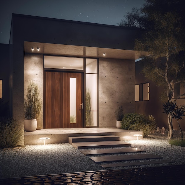 Moderne Villa mit teilweiser Landschaftsansicht bei Nacht