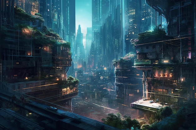 Moderne, von der Natur überwucherte Stadt mit Cyberpunk-Landschaft