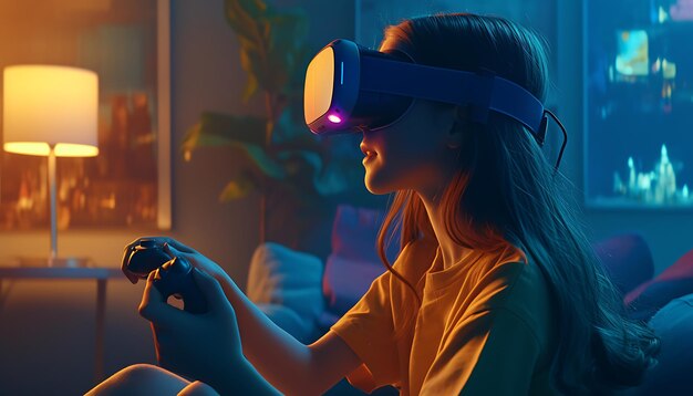 Foto moderne vr-brille und headset-technologie für actionreiche gaming-abenteuer mit farbenfrohen entdeckungen