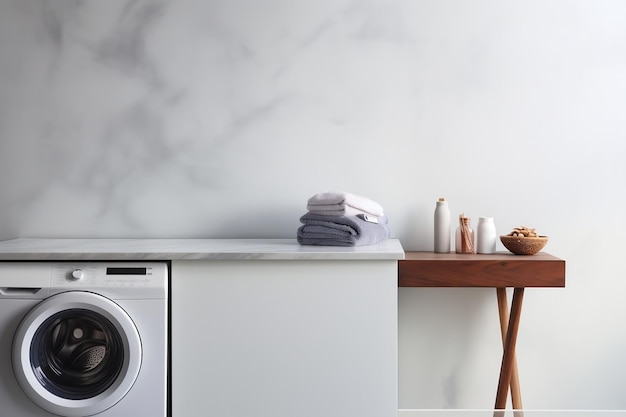 Moderne Waschmaschine mit verschwommener Eleganz in Weiß. Generative KI für die Hauswäsche