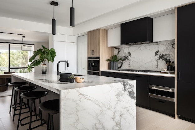 Moderne weiße Küche mit eleganten schwarzen Geräten und Marmorarbeitsplatten, erstellt mit generativer KI