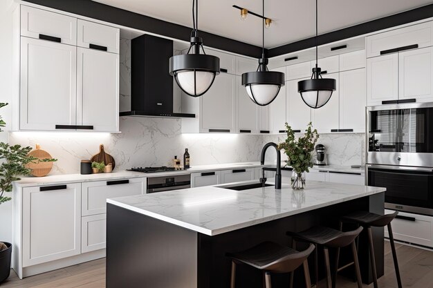 Moderne weiße Küche mit eleganten schwarzen Geräten und Marmorarbeitsplatten, erstellt mit generativer KI