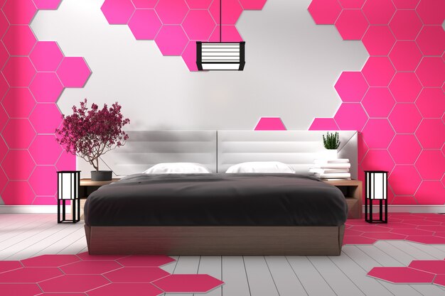 Moderne weiße Schlafzimmerdesignrosa-Hexagonfliese - Wiedergabe der Zenart 3D