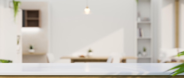 Moderne weiße Tischplatte über verschwommenem, modernem, hellem Heimarbeitszimmer im Hintergrund