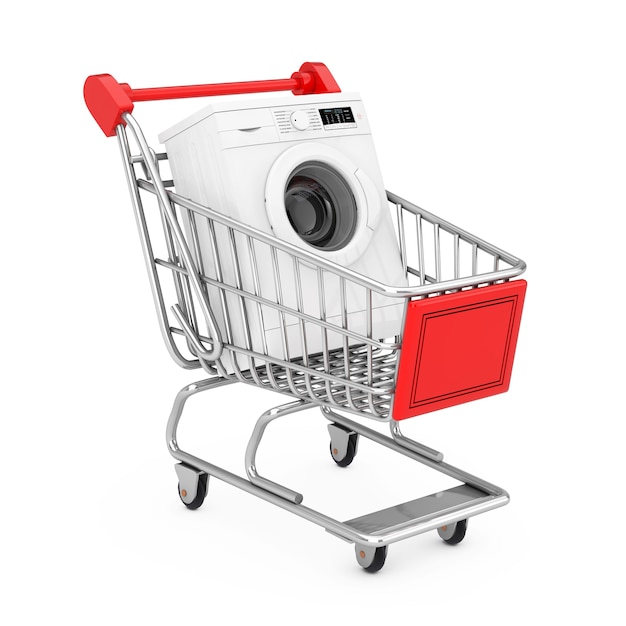 Moderne weiße Waschmaschine im Einkaufswagen-Trolley auf weißem Hintergrund. 3D-Rendering