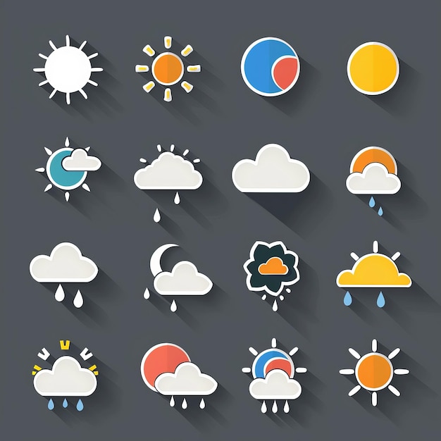 Moderne Wetter-Ikonen mit flachen Vektorsymbolen auf dunklem Hintergrund
