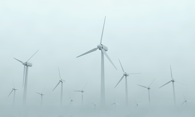 Moderne Windkraftanlagen auf dichtem Nebel