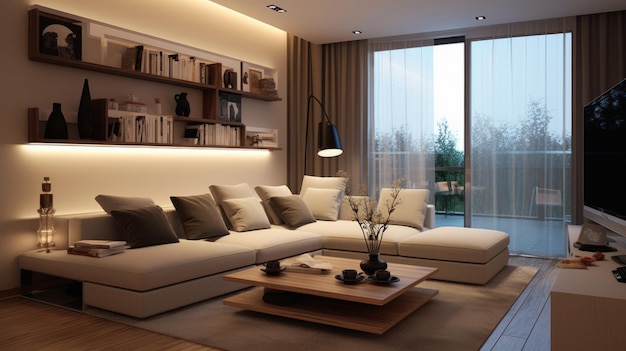 Moderne Wohnung mit elegantem Design, bequemem Sofa und stilvollem Dekor