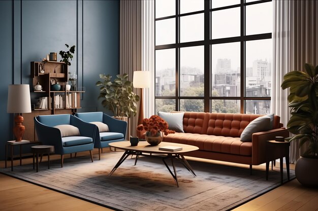 Moderne Wohnungseinrichtung im Wohn- oder Schlafzimmerdesign mit Arbeitstisch Luxushaus im skandinavischen Stil