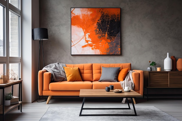 Moderne Wohnungseinrichtung mit grauem Sofa, Holztisch und orangefarbener Decke, echtes Fotogenerativ