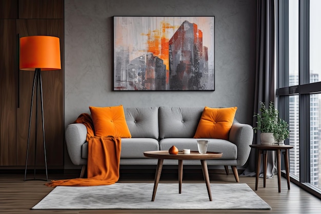 Moderne Wohnungseinrichtung mit grauem Sofa, Holztisch und orangefarbener Decke