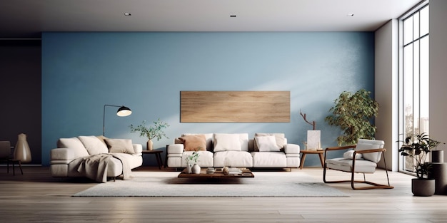 Moderne Wohnzimmer-Innenarchitektur im erdigen Farbstil durch generative KI-Tools