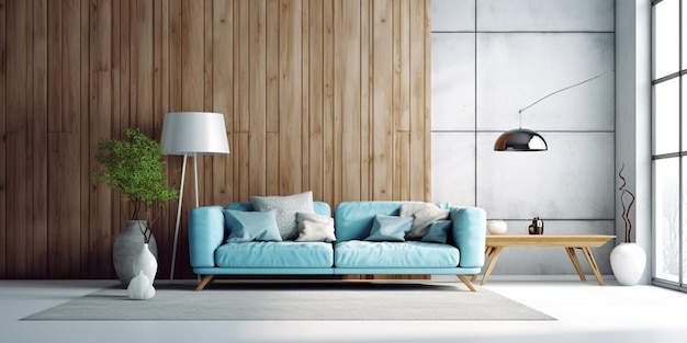 Moderne Wohnzimmer-Innenarchitektur im erdigen Farbstil durch generative KI-Tools
