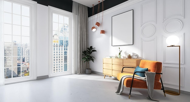 Moderne Wohnzimmer-Innenarchitekturszene mit leeren Plakatrahmenmodell-Sofa-Fenstergebäuden