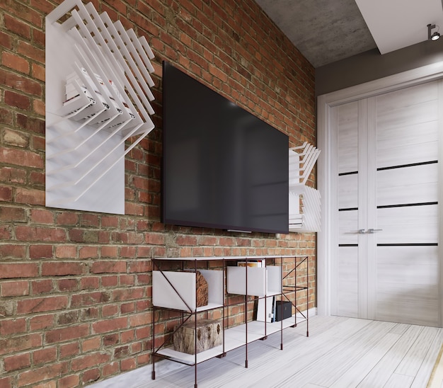 Moderne Wohnzimmereinrichtung, Fernseher auf Backsteinmauer mit schwarzem Bildschirm montiert. 3D-Rendering