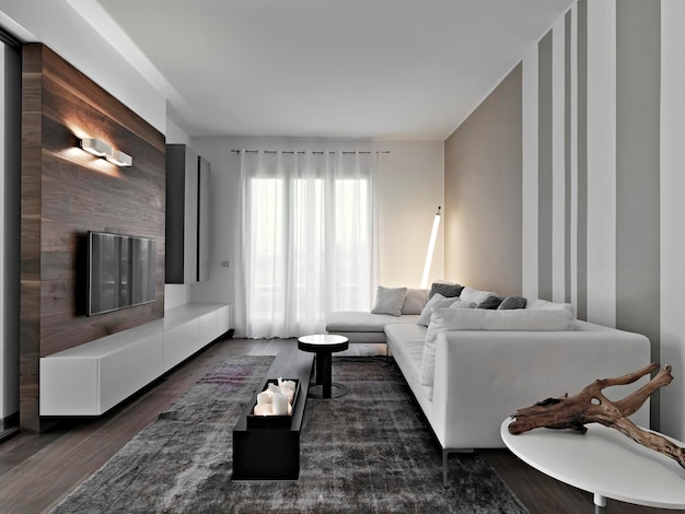 moderne Wohnzimmereinrichtung im Vordergrund weißes Stoffsofa und der Teppich
