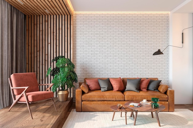 Moderne Wohnzimmereinrichtung mit braunem Sofa aus Ziegelwand, roter Lounge-Sessel