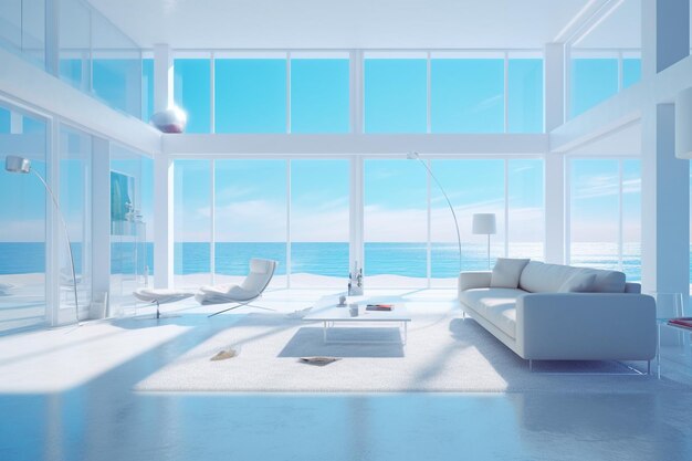 Moderne Wohnzimmereinrichtung mit Meerblick, 3D-Rendering-Attrappe