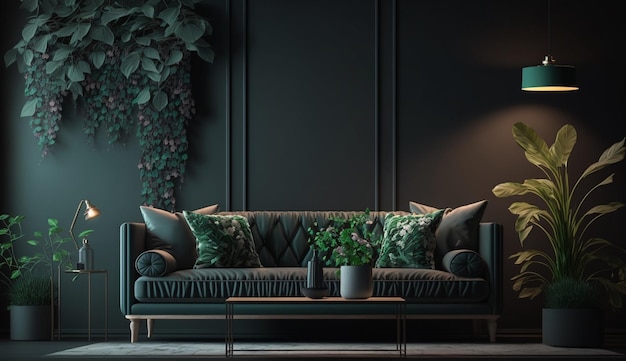 Moderne Wohnzimmereinrichtung mit Sofa und grünem Pflanzenlampentisch auf dunklem Hintergrund. Generative KI