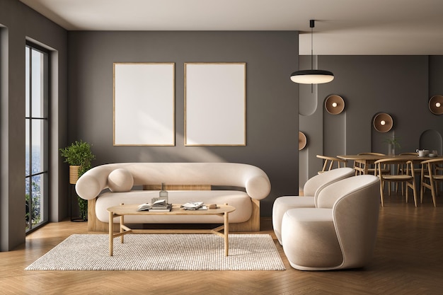 Moderne Wohnzimmereinrichtung mit Sofa und Sesseln, Couchtisch mit Büchern und Dekorationsteppich auf Hartholzboden, Esstisch mit Stühlen, Attrappen von Postern, Attrappen von Kopienraumwänden, 3D-Rendering