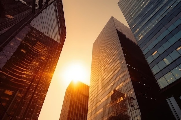 moderne Wolkenkratzer, Geschäfts- und Bürogebäude im Sonnenuntergang