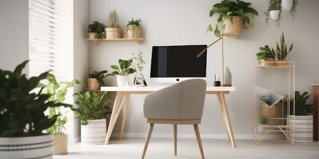 Moderner Arbeitsbereich in einem mit grünen Topfpflanzen dekorierten Zimmer im Home Office Generative AI AIG18
