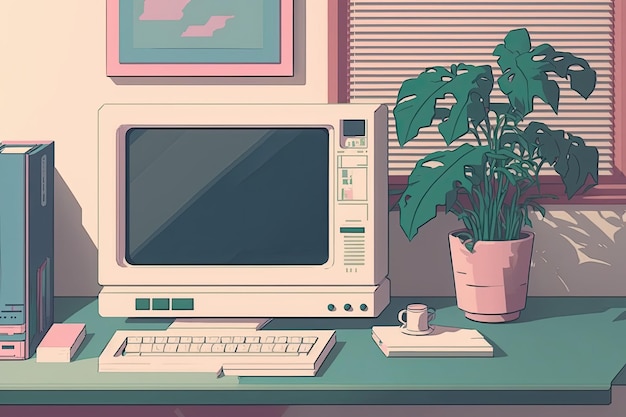 Moderner Arbeitsplatz mit Computermonitor und einer Pflanze auf einem Schreibtisch. Generative KI