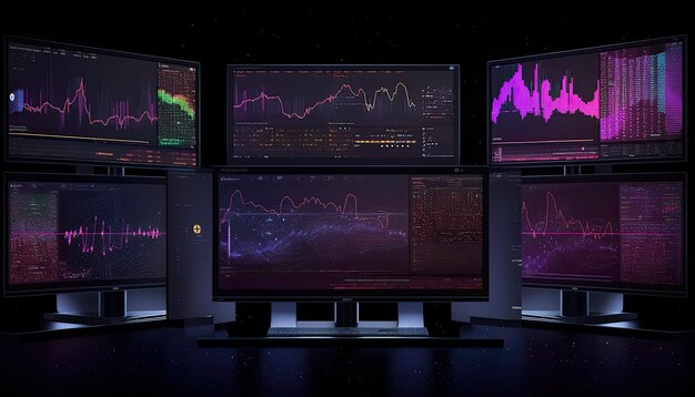 Moderner Arbeitsplatz mit Computermonitoren mit Börsendiagrammen 3D-Rendering