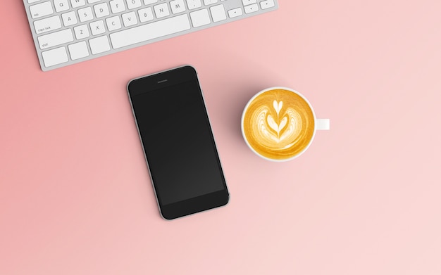 Moderner Arbeitsplatz mit Kaffeetasse und Smartphone auf rosa Farbe