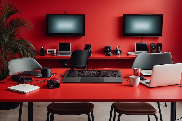 Moderner Arbeitsplatz mit zwei Laptops auf rotem Tisch vor weißer Wand