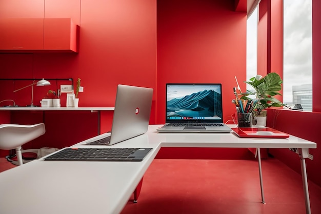 Moderner Arbeitsplatz mit zwei Laptops auf rotem Tisch vor weißer Wand