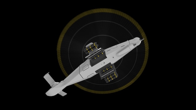 Moderner Armeehubschrauber im Flug mit einer vollständigen Waffenausstattung auf schwarzem Hintergrund. 3D-Darstellung.