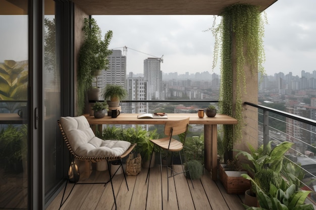 Moderner Balkon mit minimalistischem Design, Pflanzen und städtischer Aussicht, gemütliche Atmosphäre, generative IA