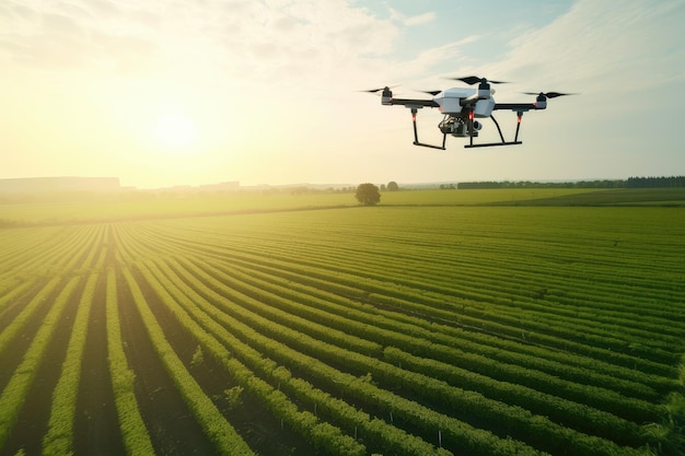 Moderner Bauernhof mit Drohne, die mit generativer KI erstellte Luftaufnahmen von Feldfrüchten und Nutztieren aufnimmt