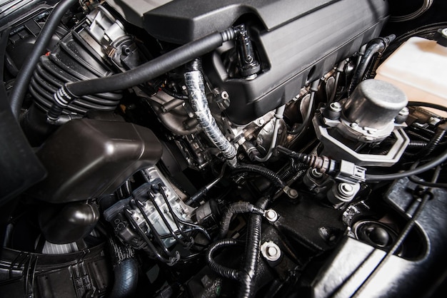 Foto moderner benzinwagenmotor closeup-foto moderne verkehrstechnologie kompaktwagenmotor