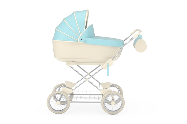 Moderner blauer Kinderwagen, Kinderwagen, Kinderwagen auf weißem Hintergrund. 3D-Rendering