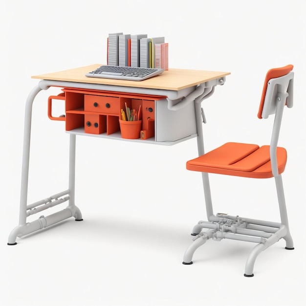 Foto moderner büro-schreibtisch mit orangefarbenem stuhl und bücherregal isoliert auf weißem hintergrund ki generiert