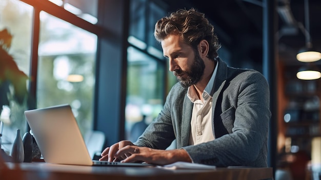 Moderner Bürokaufmann oder -manager, der lächelnd am Computer arbeitet und in die Kamera blickt Porträt von Su