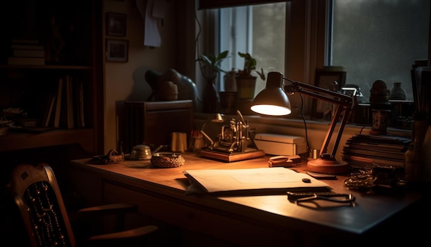Moderner Büroschreibtisch, beleuchtet durch antike, von KI erzeugte Lampe