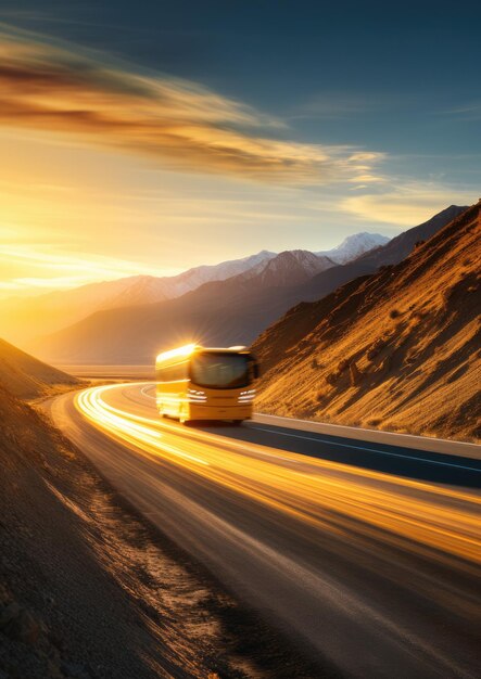 Moderner Bus transportiert Passagiere in den Bergen mit Sonnenuntergang im Urlaub Generative Ai