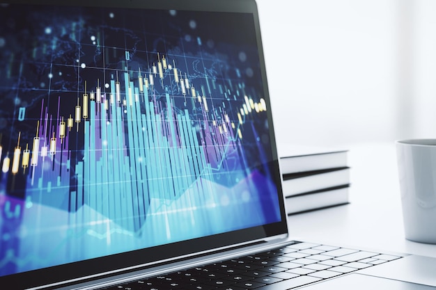 Moderner Computerbildschirm mit abstraktem Finanzdiagramm Bank- und Buchhaltungskonzept 3D-Rendering