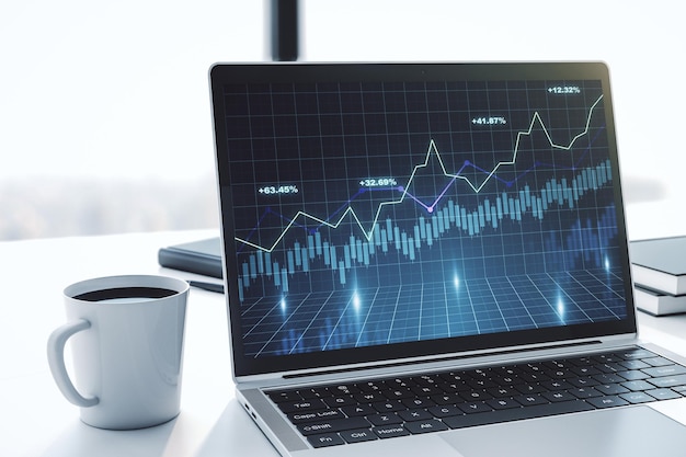 Moderner Computerbildschirm mit abstraktem kreativem Finanzdiagrammforschungs- und Analysekonzept 3D-Rendering