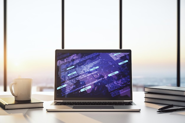 Moderner Computerbildschirm mit abstrakter grafischer Codierungsskizze und Weltkarte Big Data und Netzwerkkonzept 3D-Rendering
