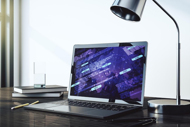 Moderner Computerbildschirm mit abstrakter kreativer Codierung Skizze und Weltkarte künstliche Intelligenz und neuronale Netzwerke Konzept 3D-Rendering